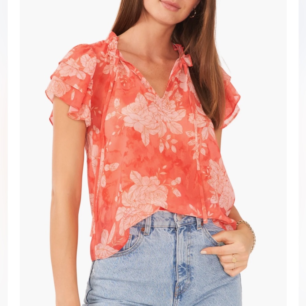 1.State‎ Floral Top Flutter Sleeve, Orange Coral Floral Print, Size Small, NWOT